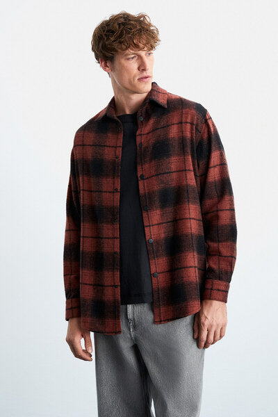 Simoni Men's Lumberjack Shirt Thick Textured Snap Fastener Oversize Jacket Type Brick Color Shirt