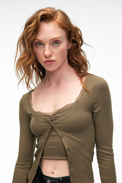 ELVURA Women's Stretchy Fabric Buttoned Blouse with Lace Detail on the Collar and Athlete Two-piece Khaki Blouse