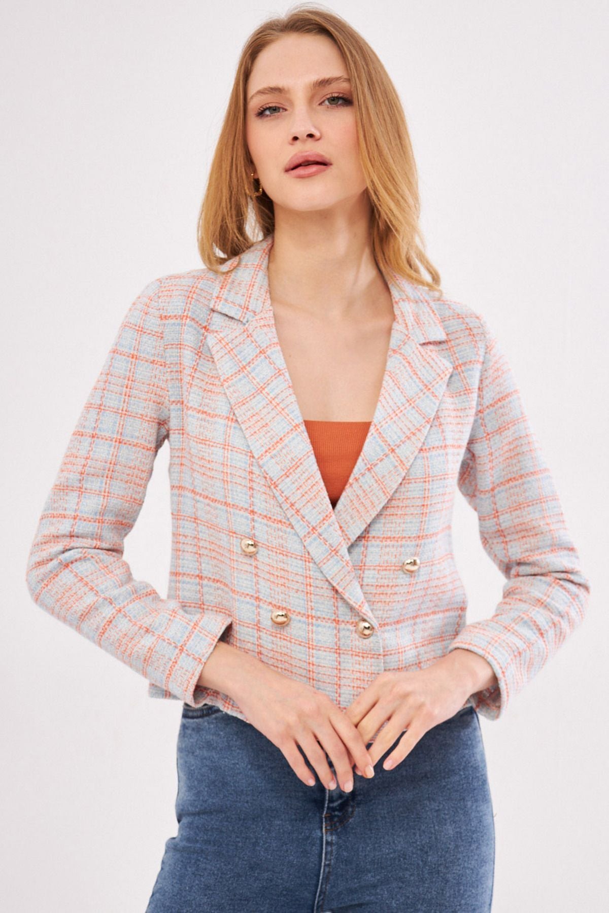 Women's Baby Blue-Orange Double Breasted Collar Tweed Crop Jacket ARM-24K001014
