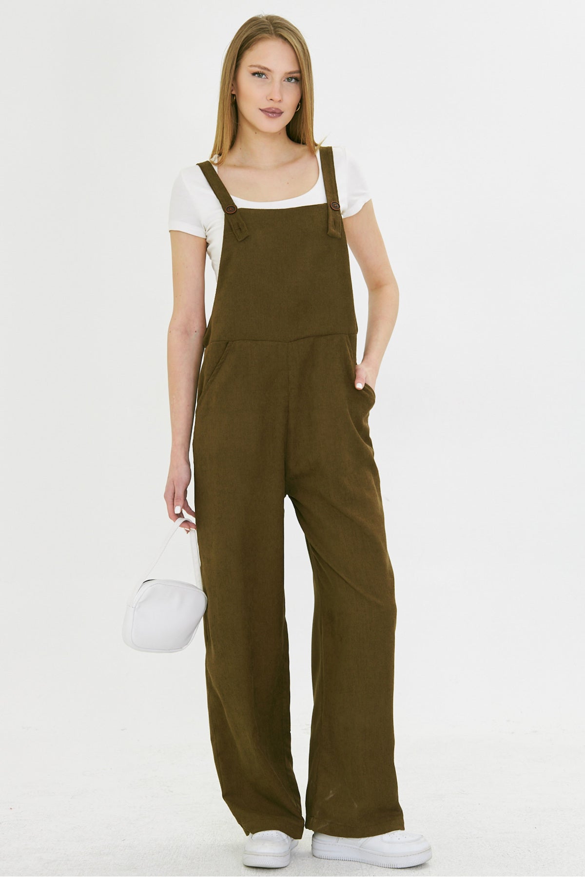 Women's Dark Khaki Velvet Pocketed Wide Leg Slim Ribbed Gardener Overalls ARM-25K001036