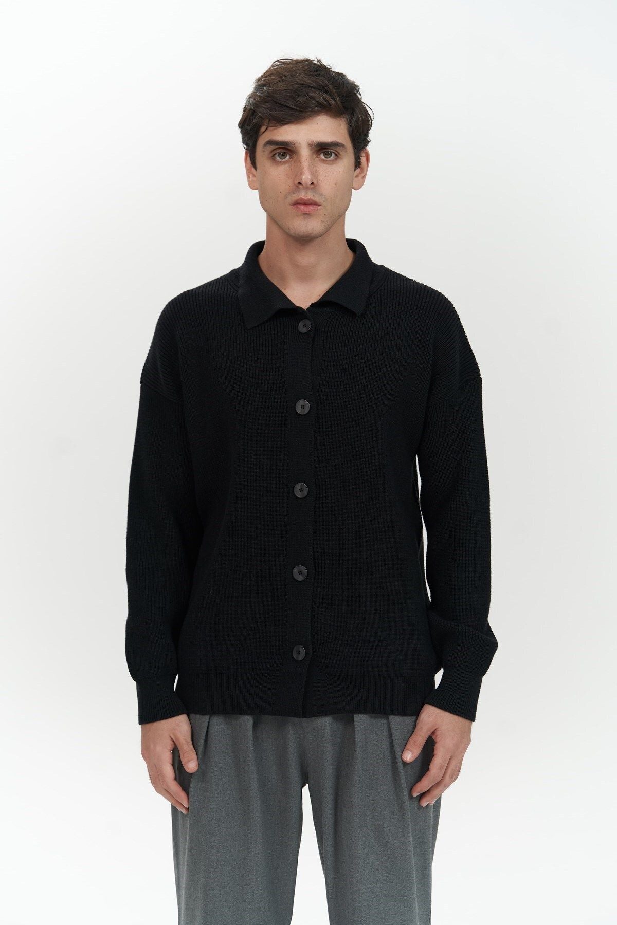 Bastian Button Detail Black Men's Knitwear Cardigan