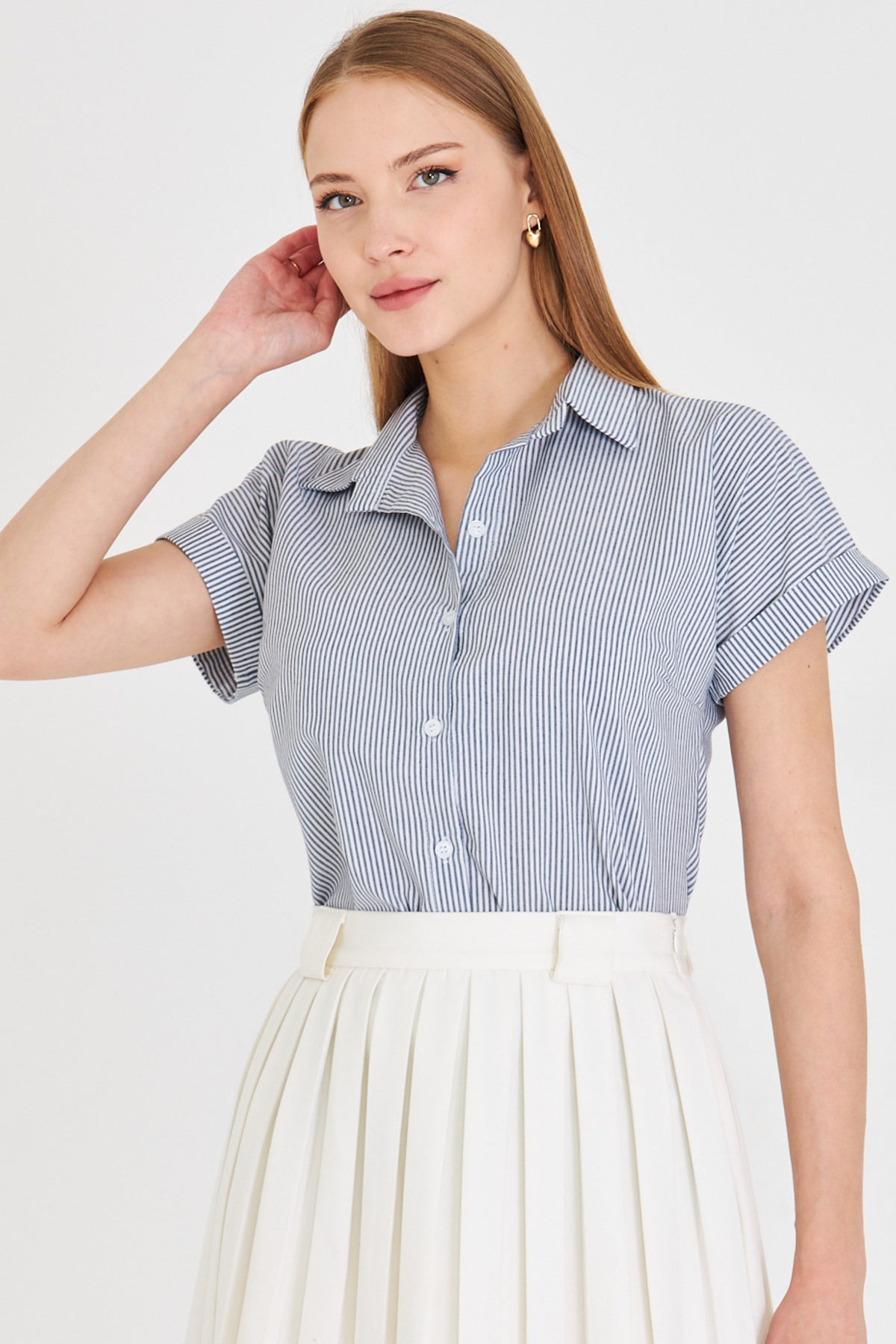 Women's Black Striped Short Sleeve Shirt ARM-25Y001059