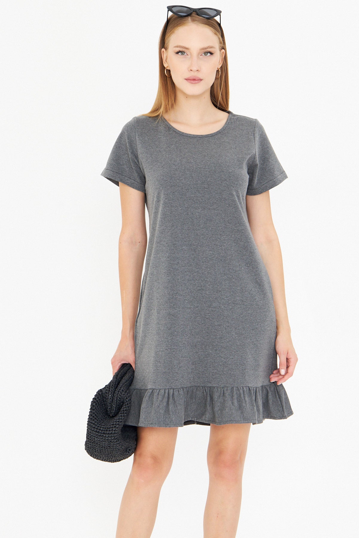 Women's Anthracite Short Sleeve Six Ruffle Dress ARM-20Y001032