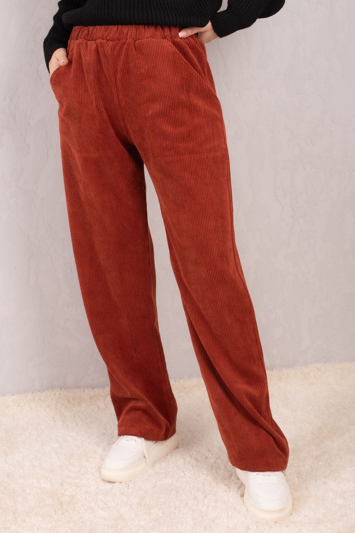 Women's Tile Waist Elastic Waist Pocket Wide Leg Velvet Trousers ARM-24K001060