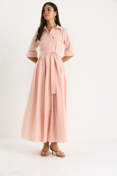 Women's Pleated Skirt, Pocket Detail, Belted Poplin Midi Dress 8441 60283445