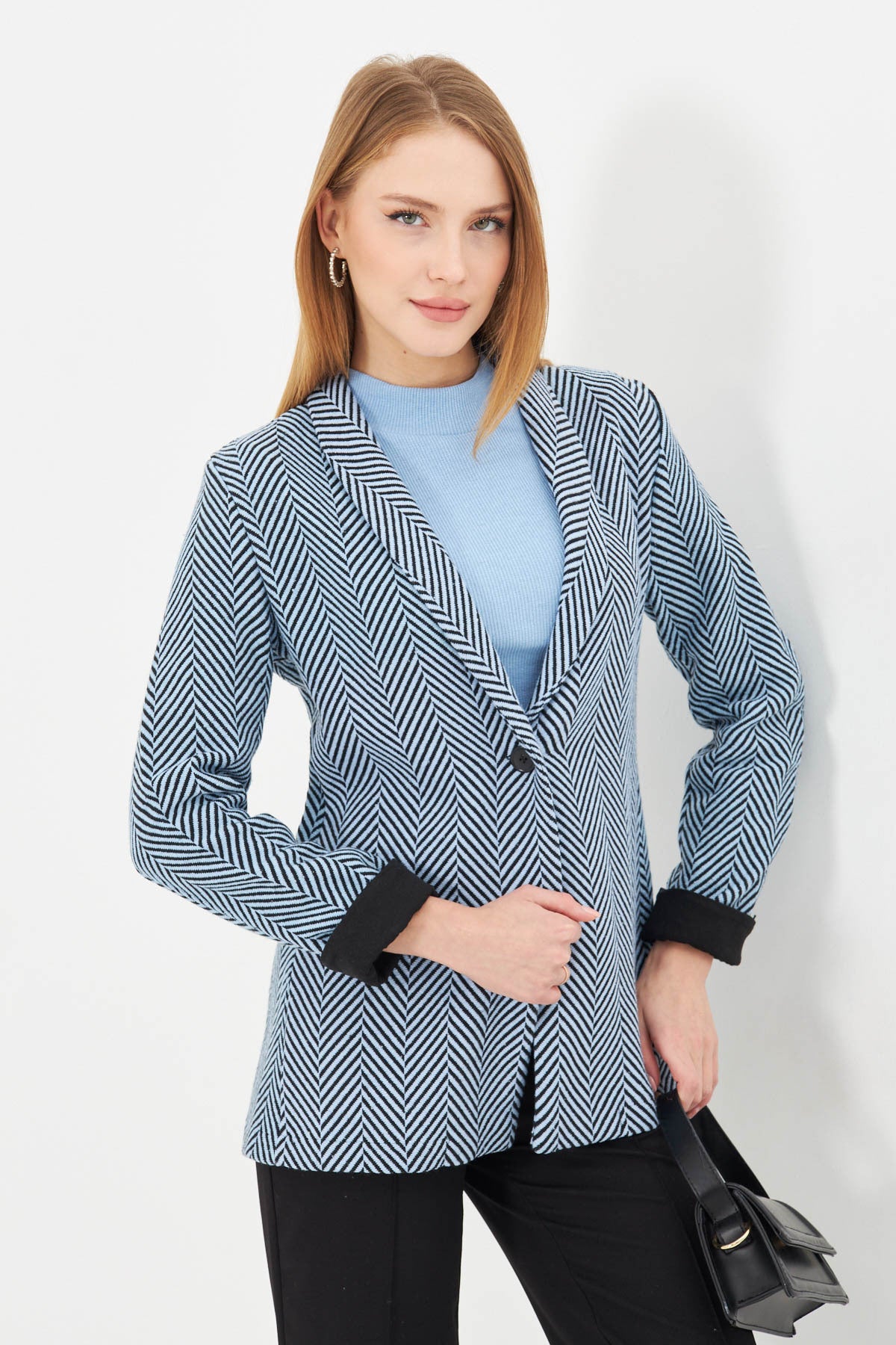 Women's Baby Blue Herringbone Pattern Sleeve Folded Single Button Stash Jacket ARM-24K001066