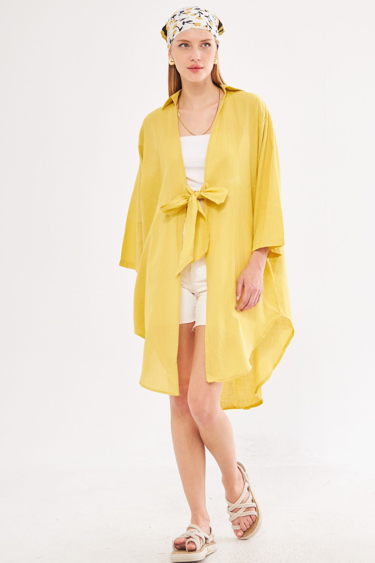 Women's Yellow Front Tie Thin Linen Fabric Midi Length Kimono Shirt ARM-24Y001081