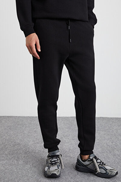 Adens Men's Regular Organic Cotton Premium Fabric Raised Elastic Leg Black Sweatpants