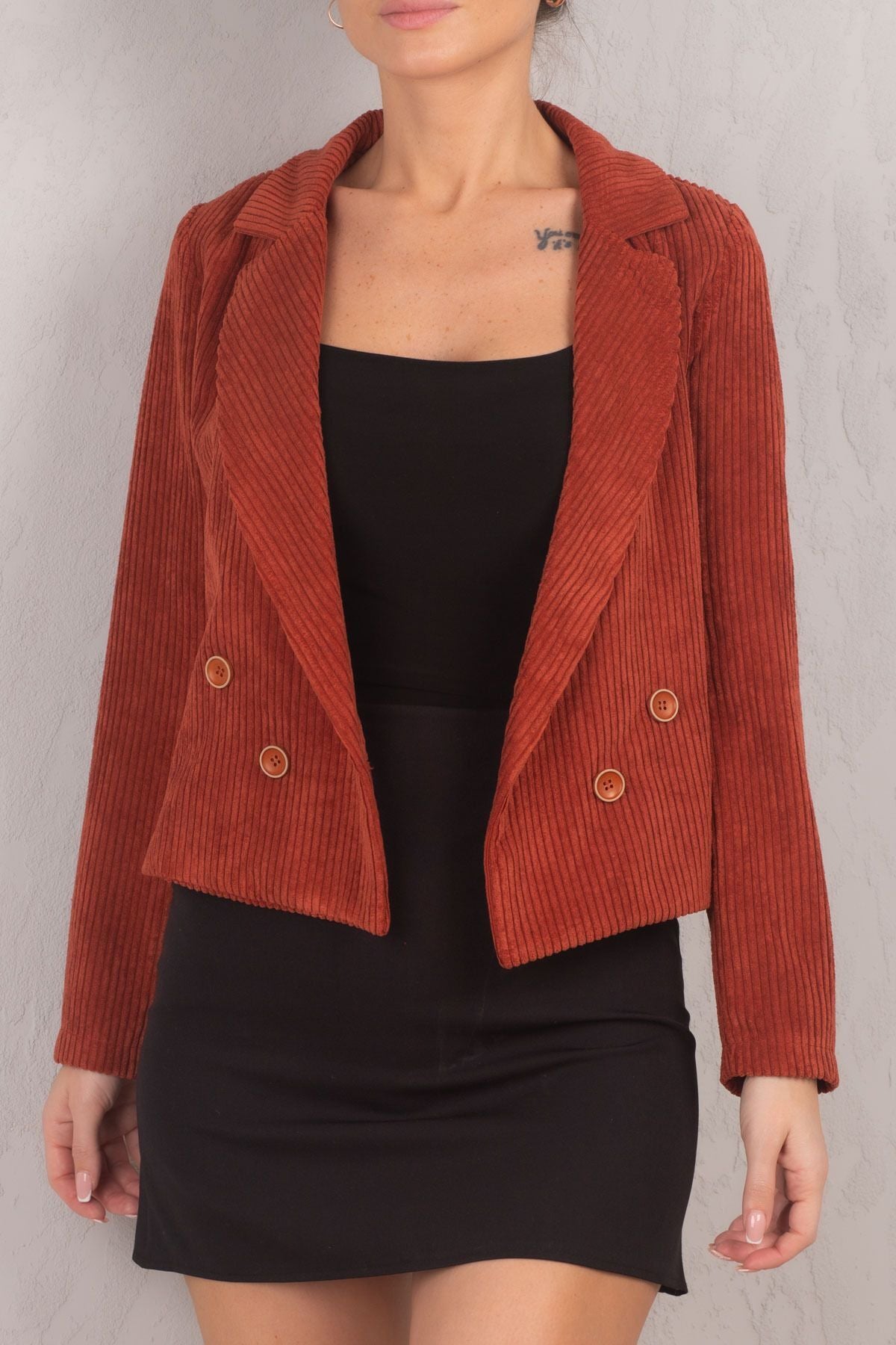 Women's Tile Double Breasted Collar Velvet Crop Jacket ARM-24K001059