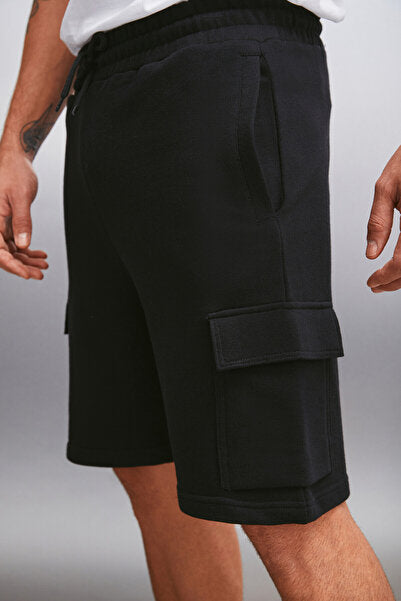 Lionel Men's Comfort Fit Black Shorts with Cargo Pocket and Elastic Waist