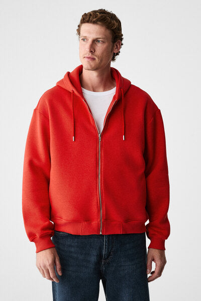 ASHBY Men's Hooded Zipper Pocket Cord Boxy Fit Red Sweatshirt