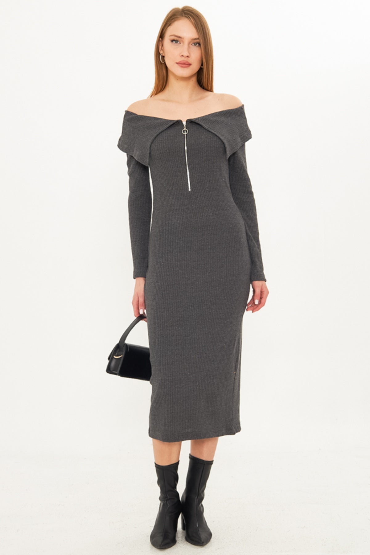 Women's Anthracite Low Shoulder Front Zipper Slit Midi Length Knitwear Dress ARM-25K001089