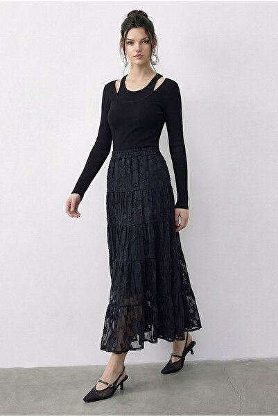 Women's Elastic Waist Self Patterned Lined Midi Skirt 355 60286035