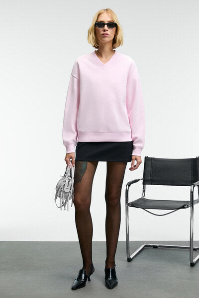 ARINEL Women's V-Neck Regular Fit Pink Sweatshirt