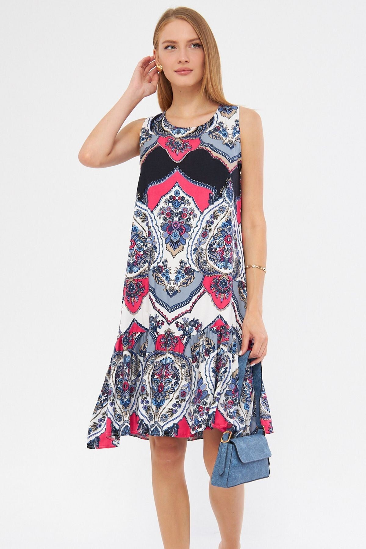 Women's Fuchsia Patterned Sleeveless Skirt Frilly Dress ARM-22K001142