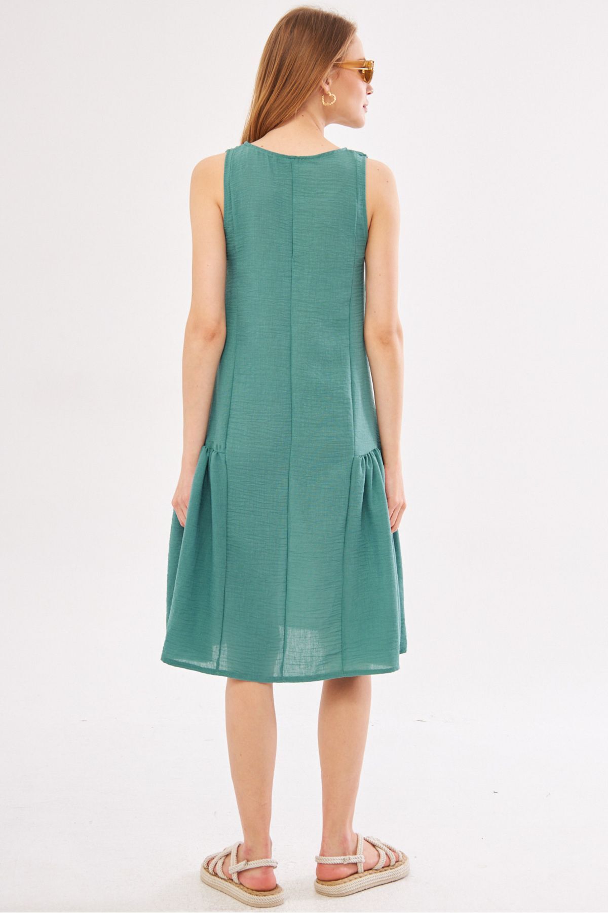 Women's Turquoise Decapende Dress Gathered on the Sides Sleeveless Linen Look Midi Length ARM-24Y001037