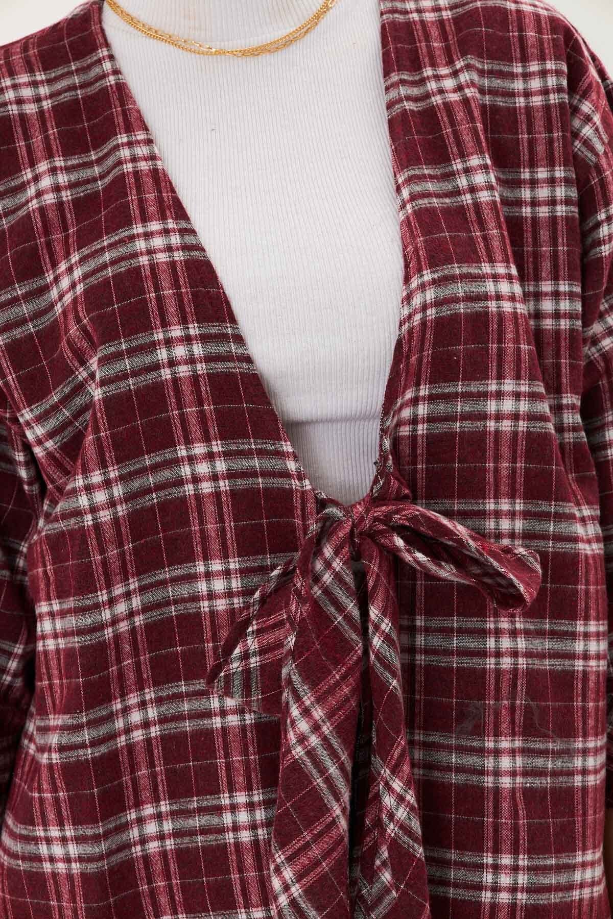 Women's White-Burgundy Front Tie Plaid Kimono Shirt ARM-25K001017