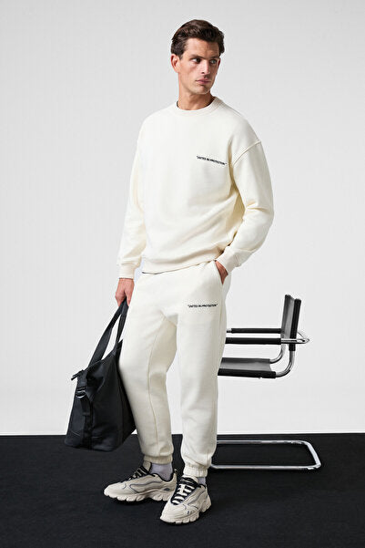 MARSHALL Men's Cotton Embroidered Relaxed Ecru Tracksuit Set