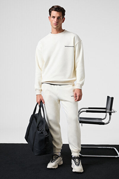 MARSHALL Men's Cotton Embroidered Relaxed Ecru Tracksuit Set