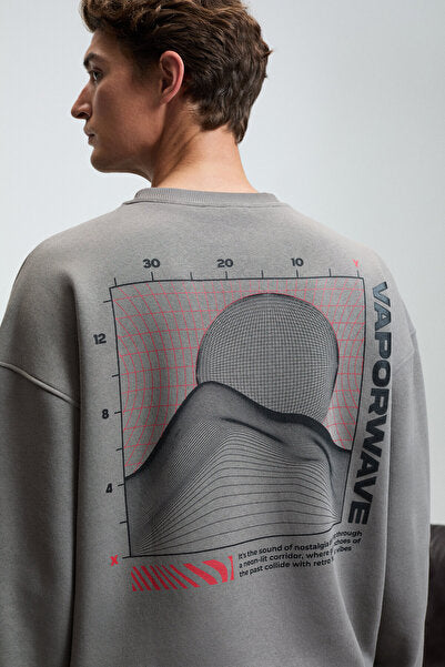 PERCY Men's Round Neck Chest Printed Back Printed Oversize Dark Gray Sweatshirt