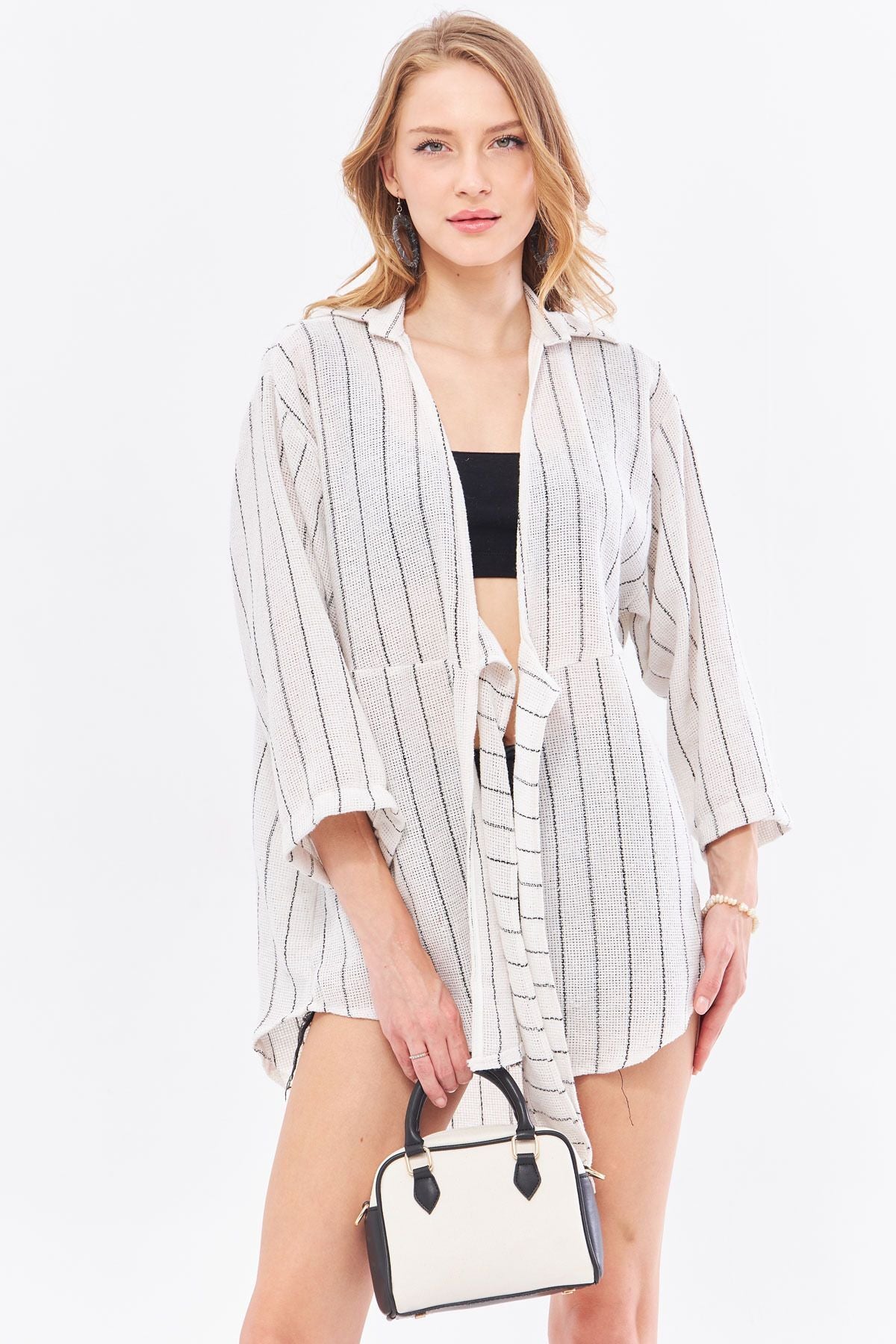 Women's White Striped Front Tie Kimono Shirt ARM-24Y001091