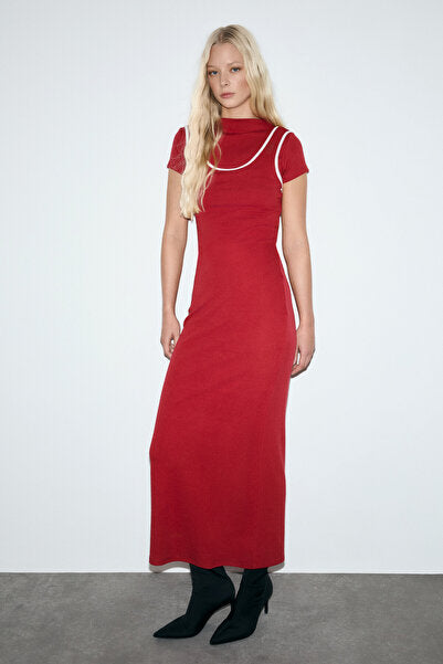 DEPORTS Women's Soft Flexible Fabric Contrast Piping Double Collar Red Dress