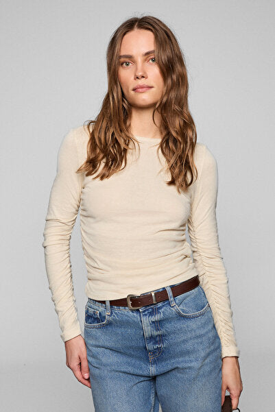 INSSAZA Women's Form-fitting Gathered Slim Fit Stone Color Blouse