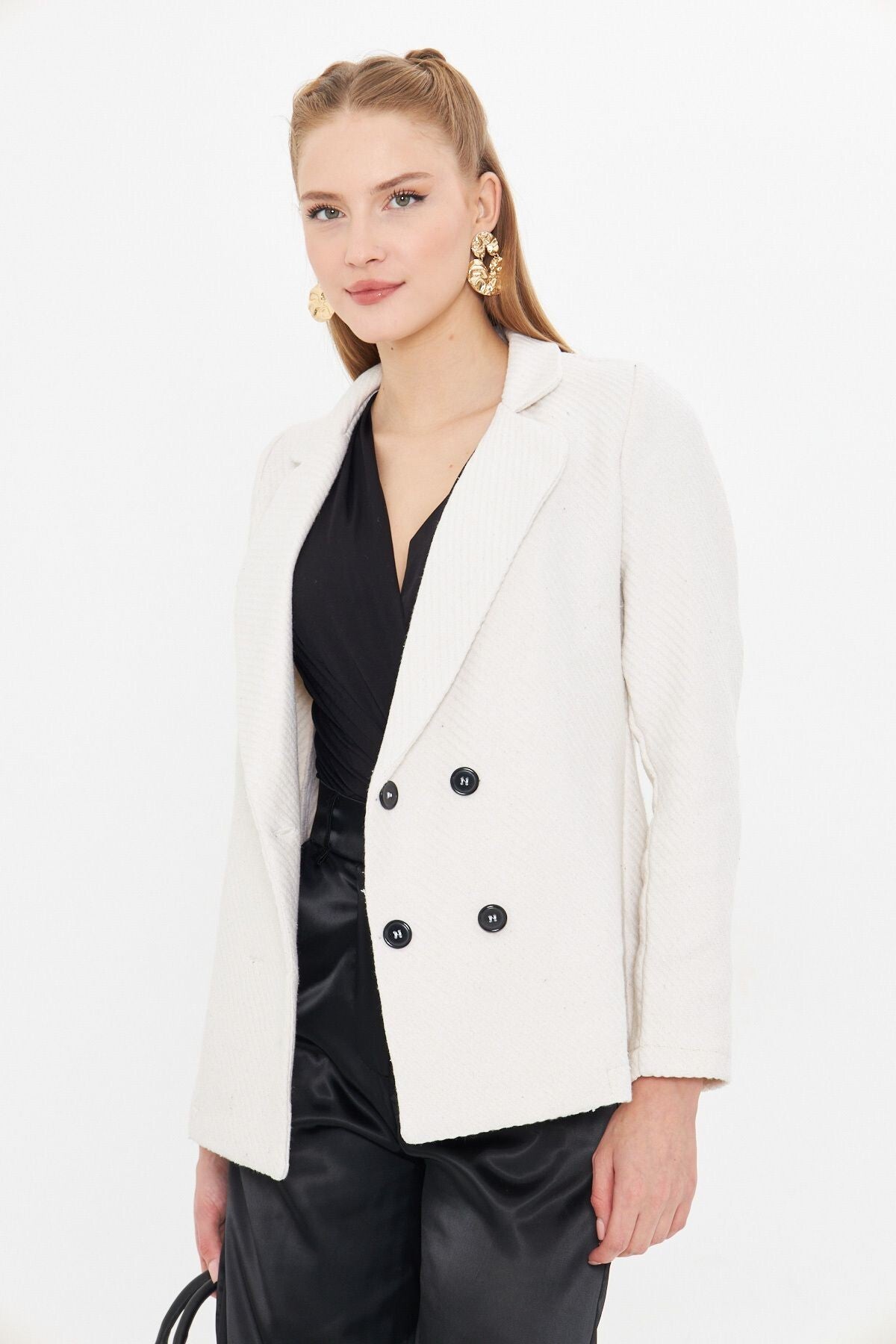 Women's White Stripe Patterned Four-Button Stash Jacket ARM-24K001037