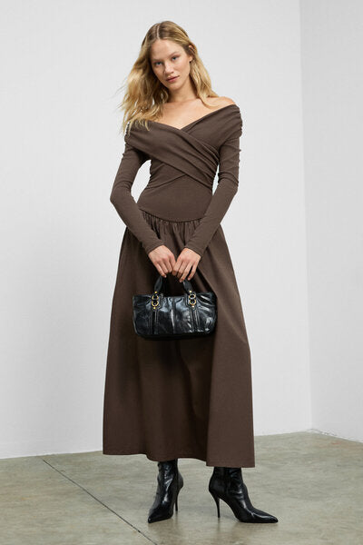 FRUENDO Women's Asymmetrical Collared Top with Stretchy Fabric Skirt Poplin Long Brown Dress