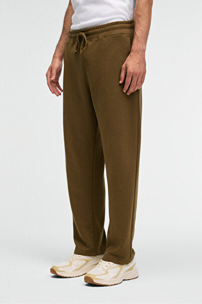 CLARENCE Men's 100% Cotton Drawstring Elastic Waist Back Pocket with Decorative Label Khaki Sweatpants