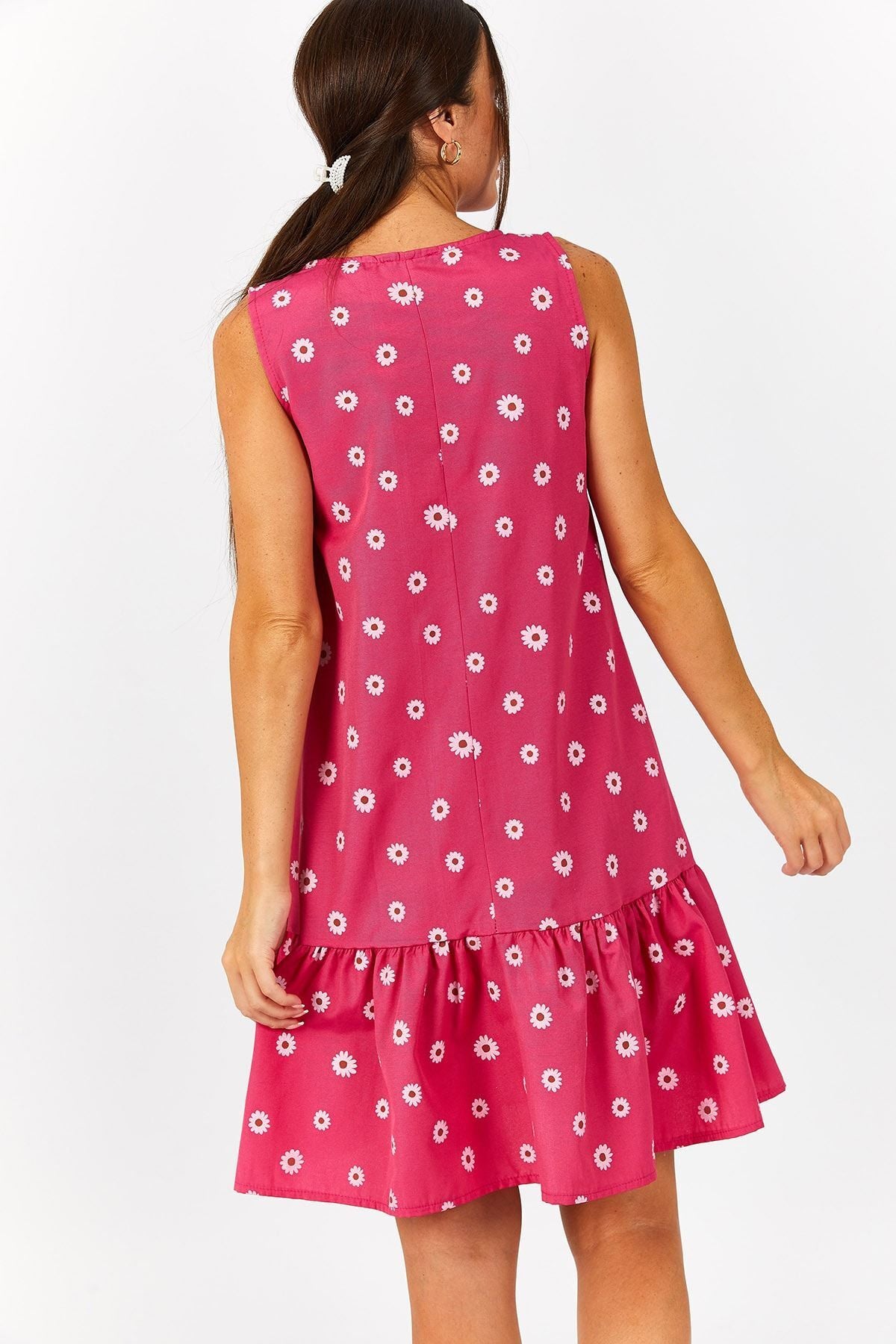 Women's Pink Daisy Pattern Sleeveless Skirt Ruffle Dress ARM-22Y001123