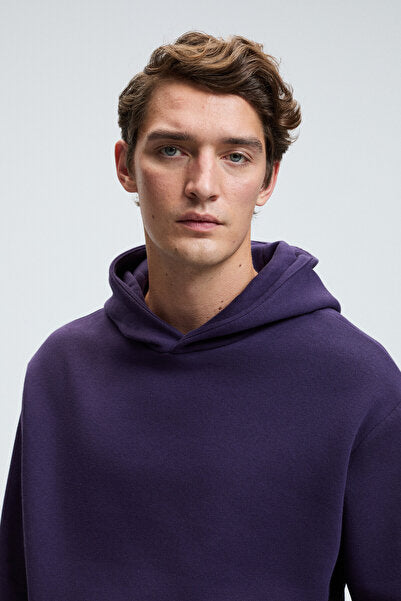 AMOS Men's Soft Fabric 3 Thread Oversize Hooded Purple Sweatshirt with Kangaroo Pocket