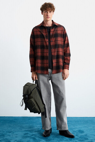 Simoni Men's Lumberjack Shirt Thick Textured Snap Fastener Oversize Jacket Type Brick Color Shirt