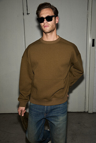 COYOTES Men's Crew Neck Kangaroo Pocket Organic Cotton Regular Fit Dark Khaki Sweatshirt