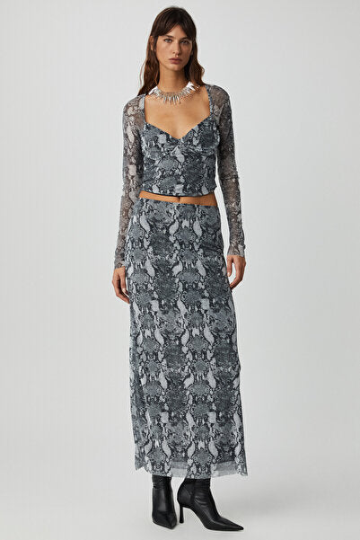 BEULAH Women's Maxi Length Slim Fit Elastic Waist Tulle Batik Patterned Snake Pattern Skirt