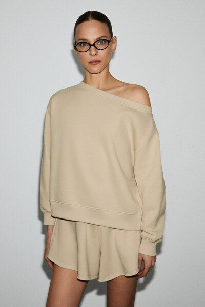 PUNNUET Women's Organic Cotton Boat Neck Elastic Waist Double Pocket Relaxed Beige Bottom-Top Set