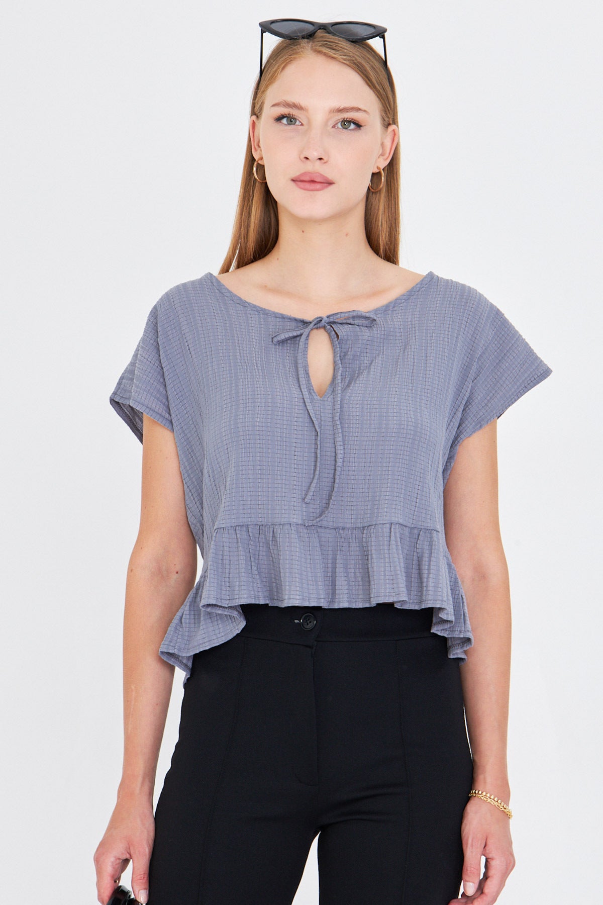 Women's Gray Bat Sleeve Collar Tied Skirt Ruffle Oversize Crop Blouse ARM-24Y001088