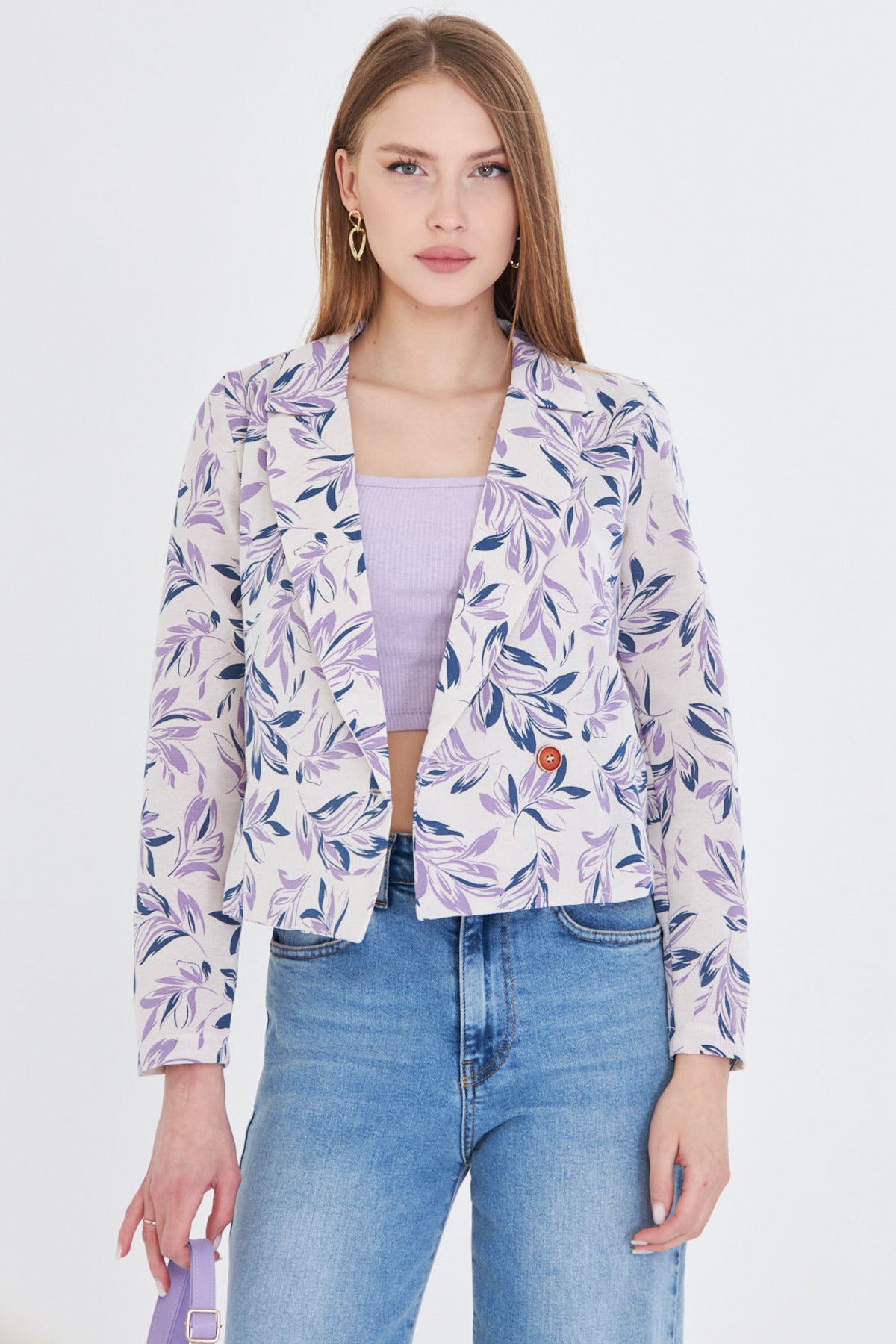 Women's Light Lilac Double Breasted Collar Patterned Crop Jacket ARM-24Y001058