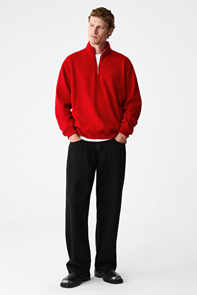 VELVETY Men's Cotton Fleece Inside Stand-up Collar Zippered Long Sleeve Regular Fit Red Sweatshirt
