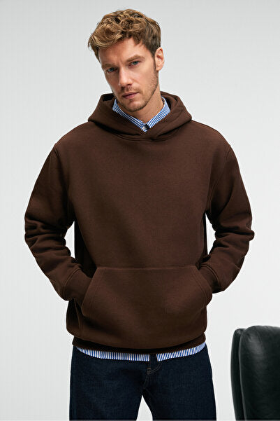 AMOS Men's Soft Fabric 3 Thread Oversize Hooded Kangaroo Pocket Bitter Brown Sweatshirt