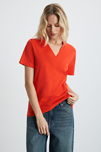 Aline Women's 100% Organic Cotton Deep V-Neck Comfort Fit Red T-shirt