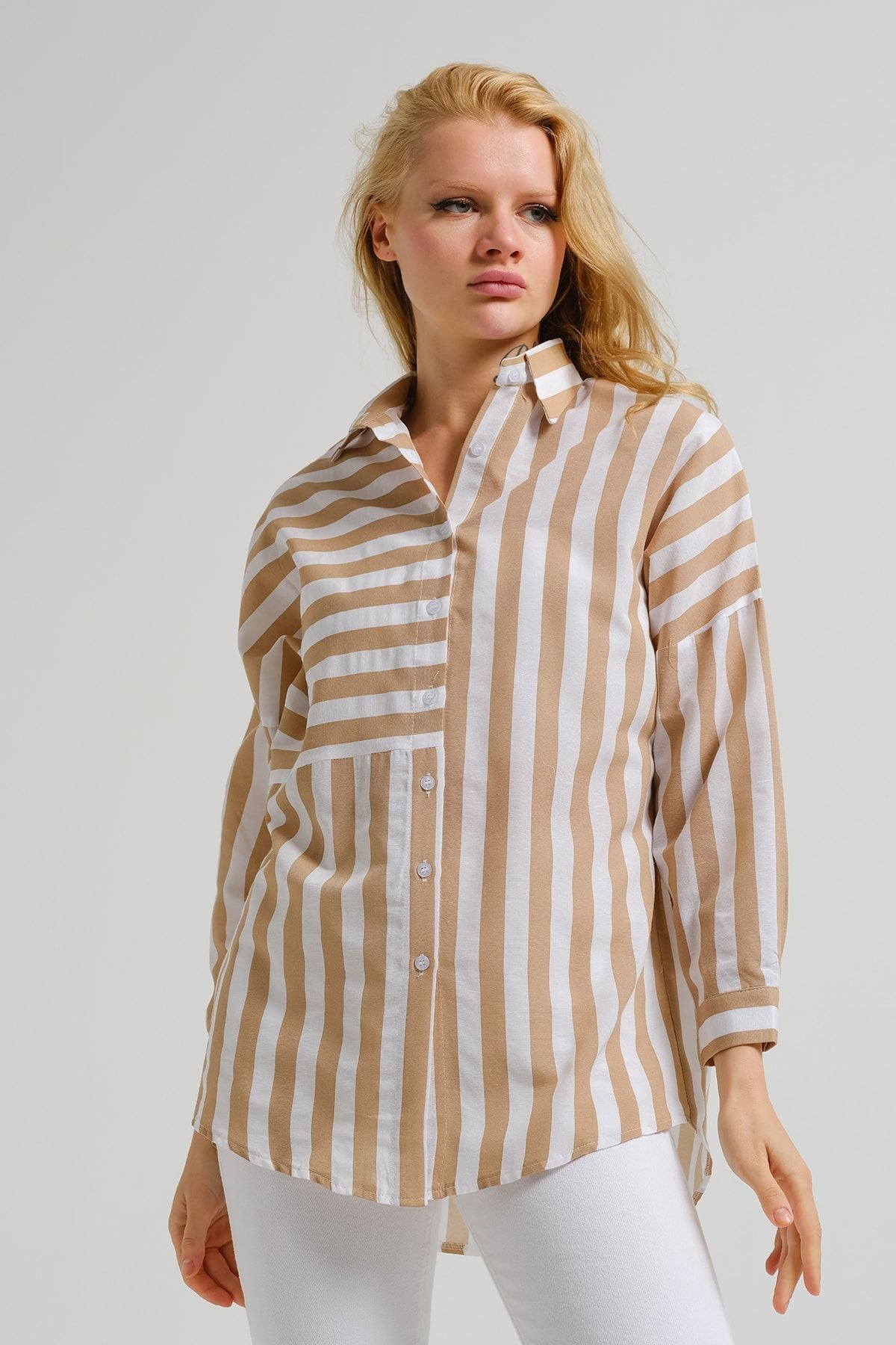 Women's Beige Asymmetrical Striped Overszie Long Basic Shirt ARM-23Y001107
