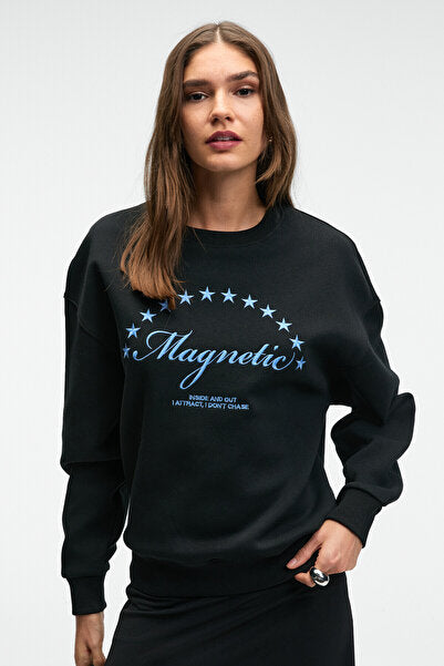 VISTARA Women's Embroidery Detailed Round Neck Regular Fit Black Sweatshirt