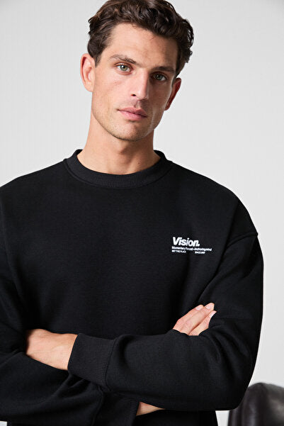 Ernest Men's Organic Cotton Soft Print Detailed Crew Neck Black Sweatshirt with Fleece Inside