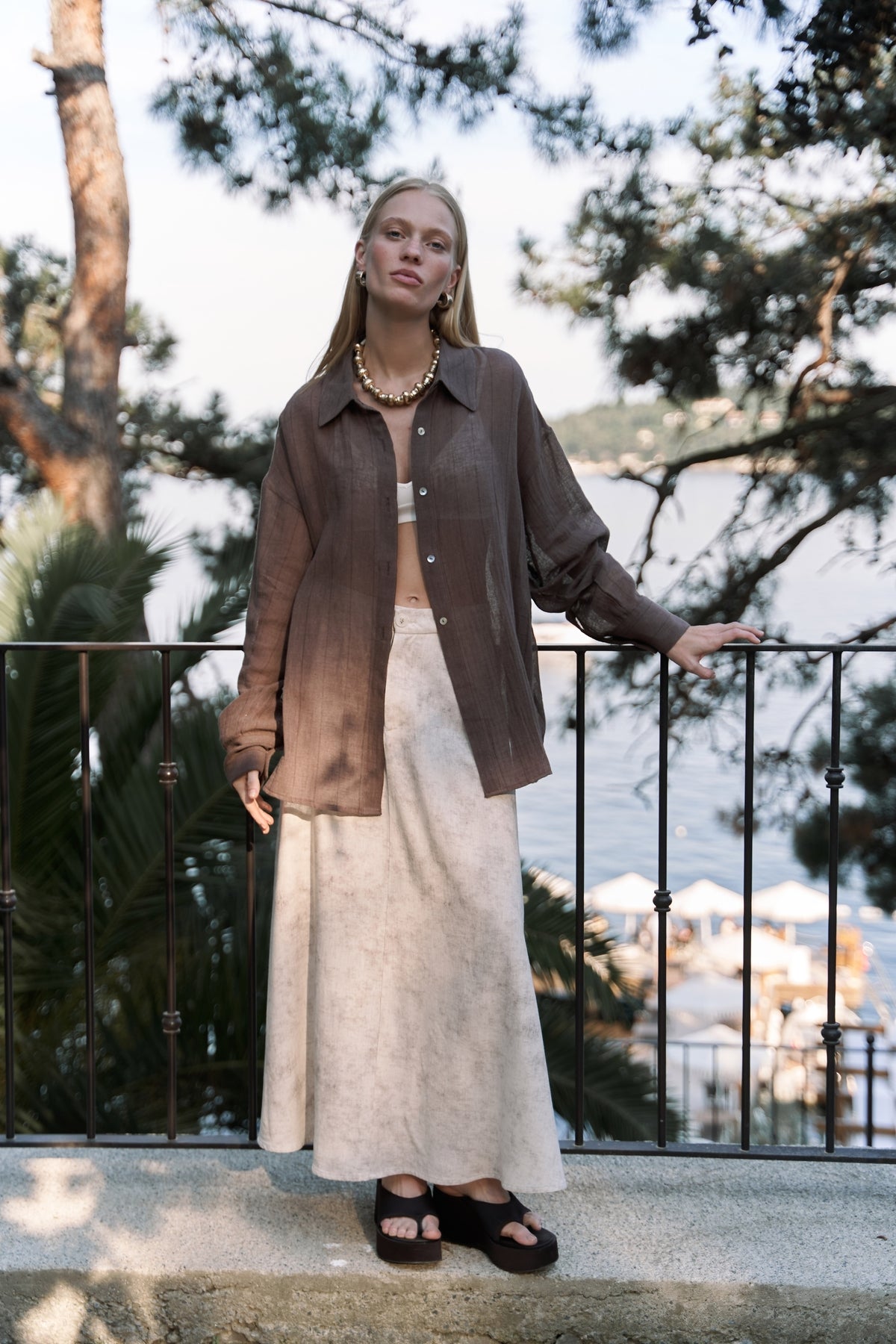 Long Batik Patterned Beige Skirt with Garias Pockets