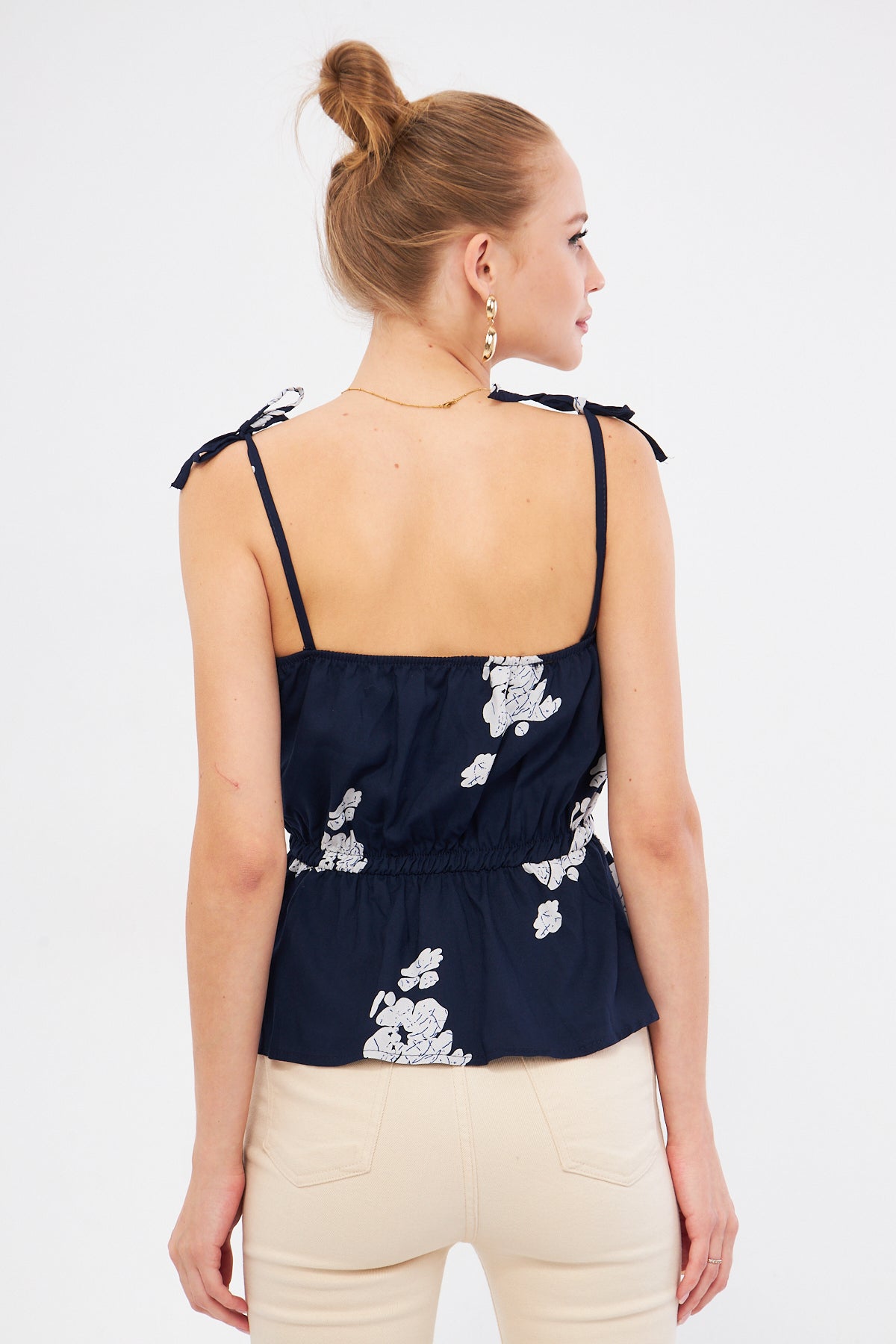 Women's Navy Blue Patterned Strapless Crop Blouse with Elastic Waist Straps and Tie Detail ARM-24Y001116