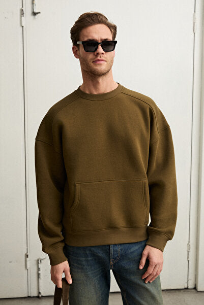 COYOTES Men's Crew Neck Kangaroo Pocket Organic Cotton Regular Fit Dark Khaki Sweatshirt