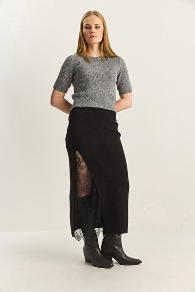 Women's Lace Detailed Slit Maxi Knitwear Skirt TE251007 60283916