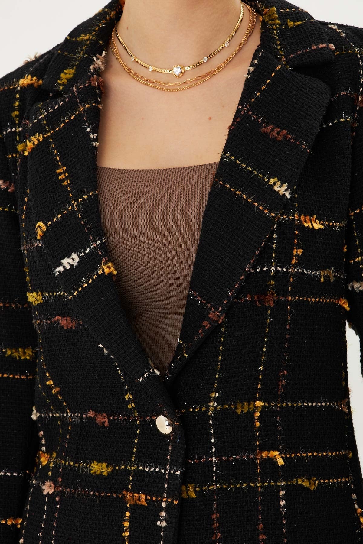 Women's Yellow Tweed Fabric Single Button Jacket ARM-25K001042