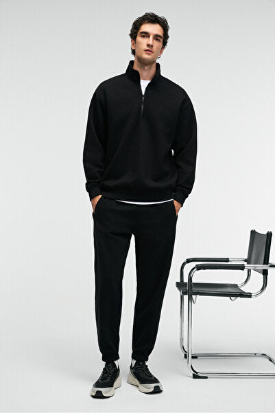 ANSEL Men's Elastic Slim Leg Three Pocket Soft Organic Cotton Black Sweatpants